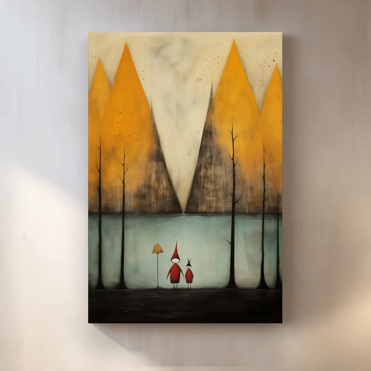 Quirky painting of people by a lakeside mountain scene in fall, whimsical forest scene artwork