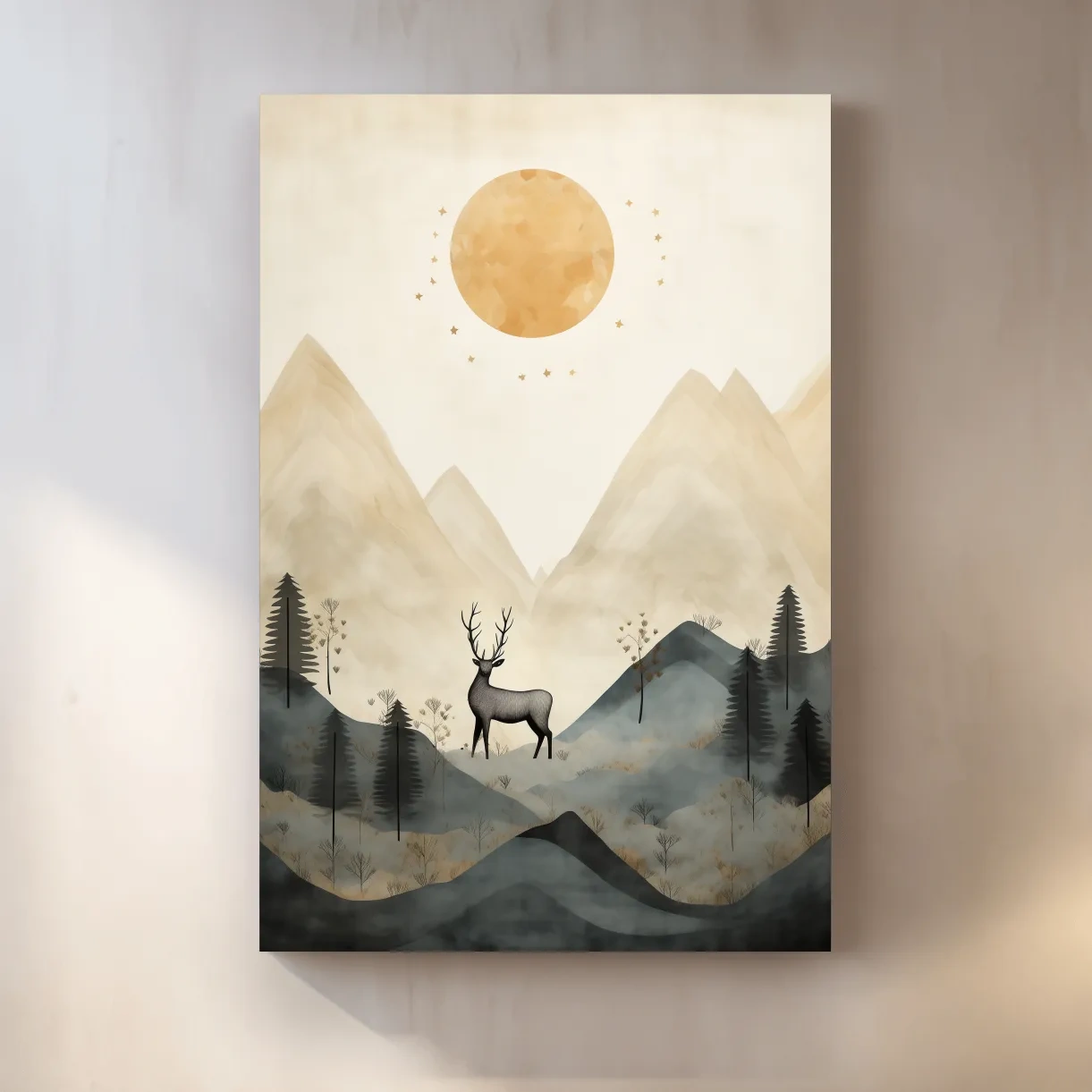 Boho Deer In Misty Mountains - Woodland Landscape Wall Art