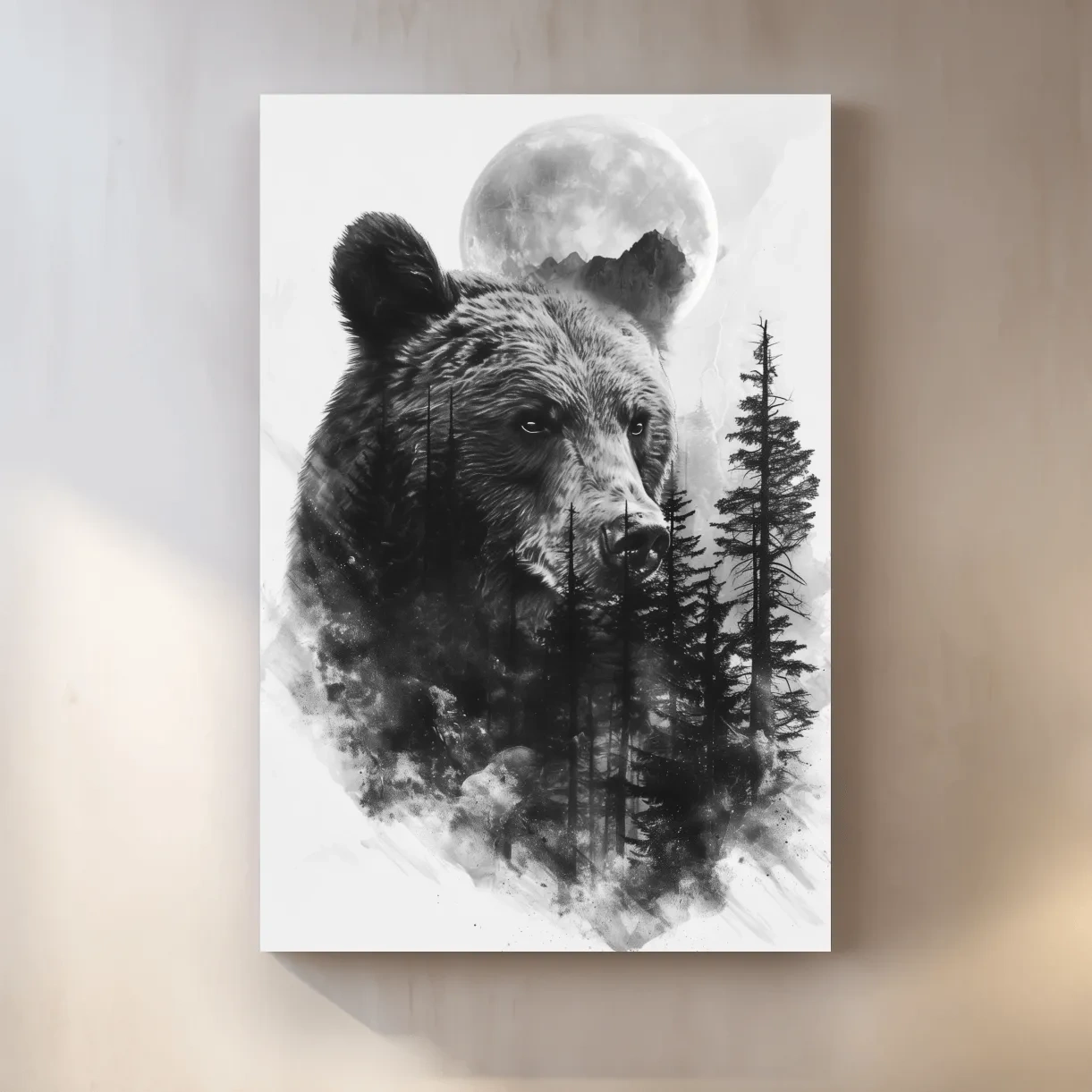 Drawing artwork of a bear, forest and moon, double exposure charcoal drawing style