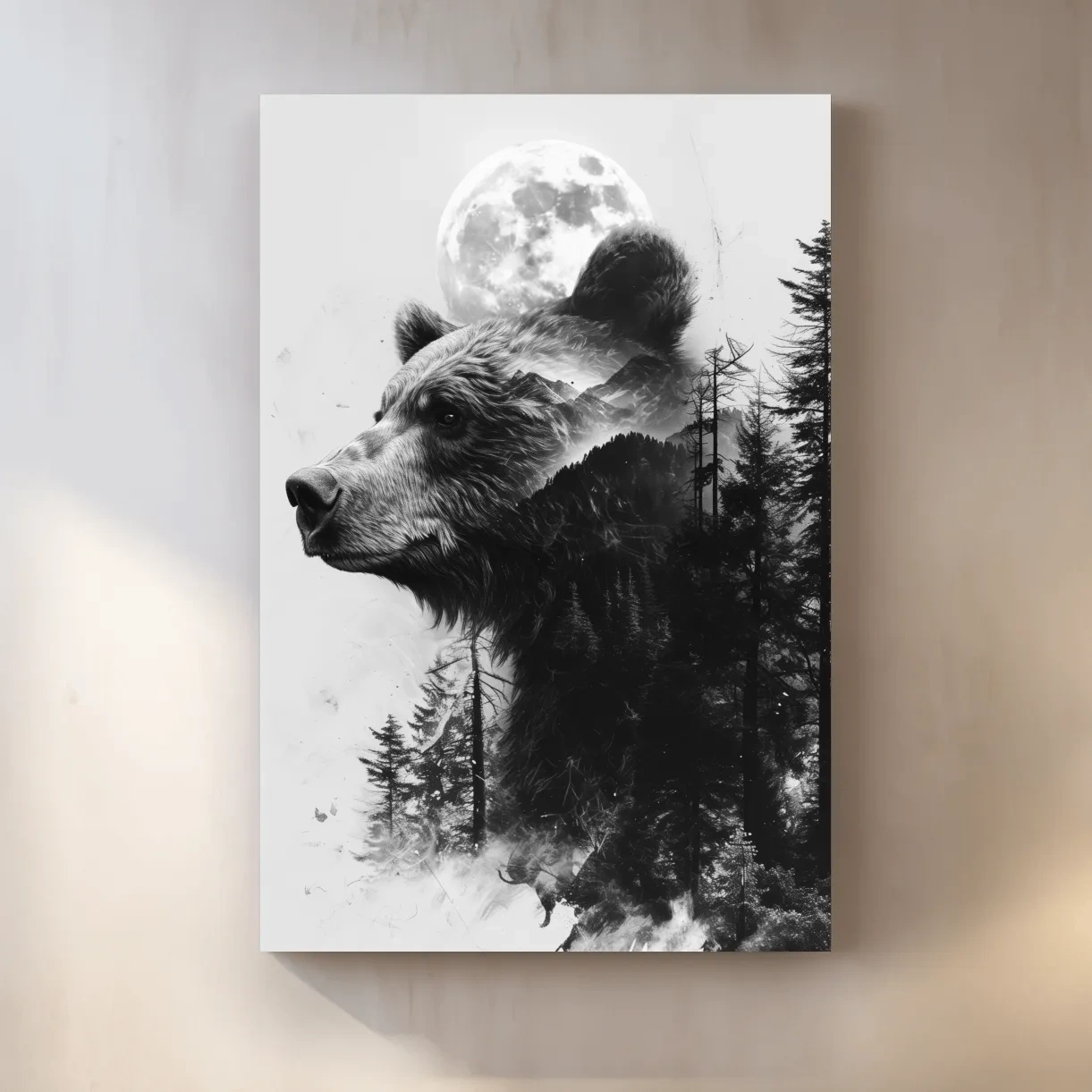 Double exposure style drawing artwork of a bear, forest, glacier and moon