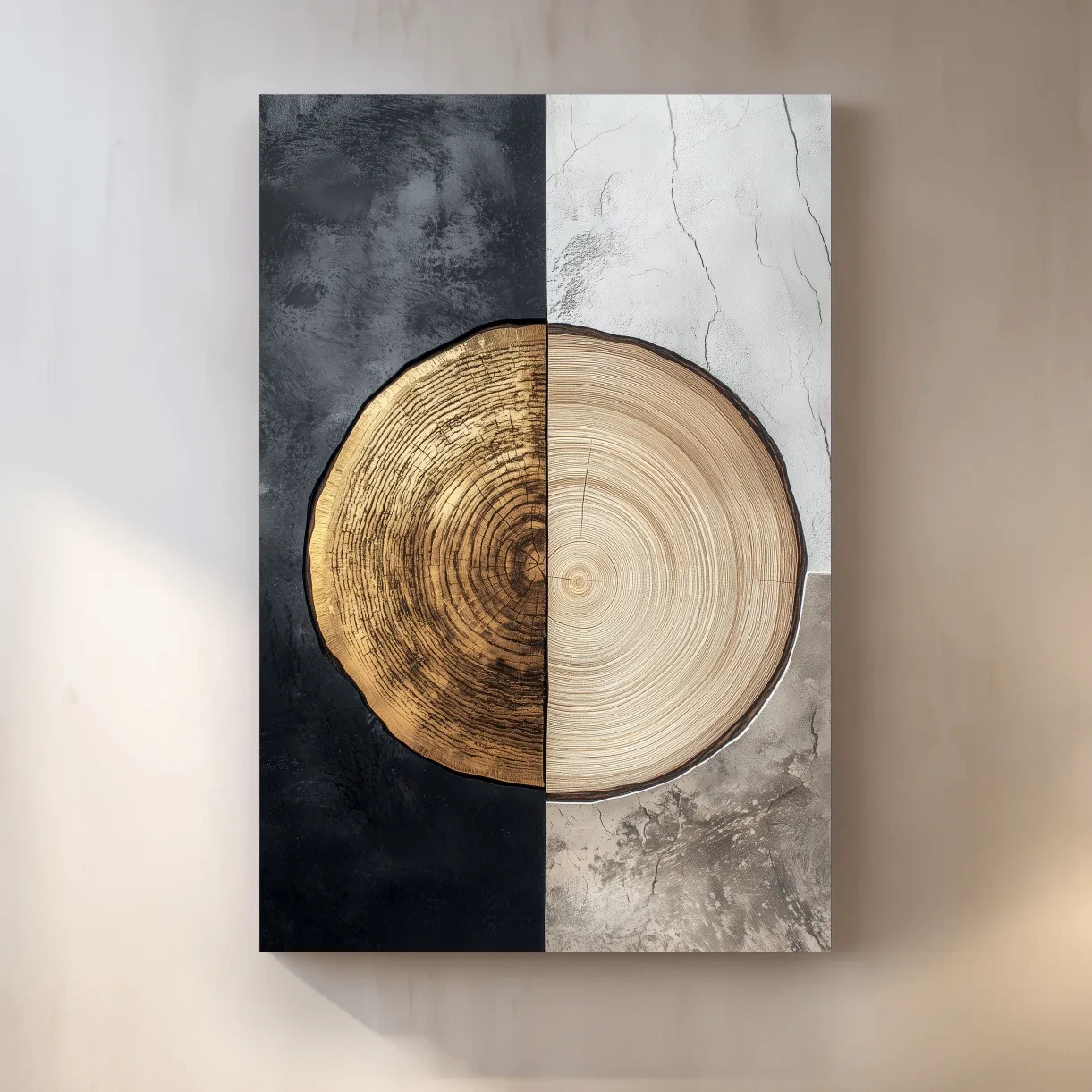 Rustic bohemian style tree ring artwork, split texture wood wall art