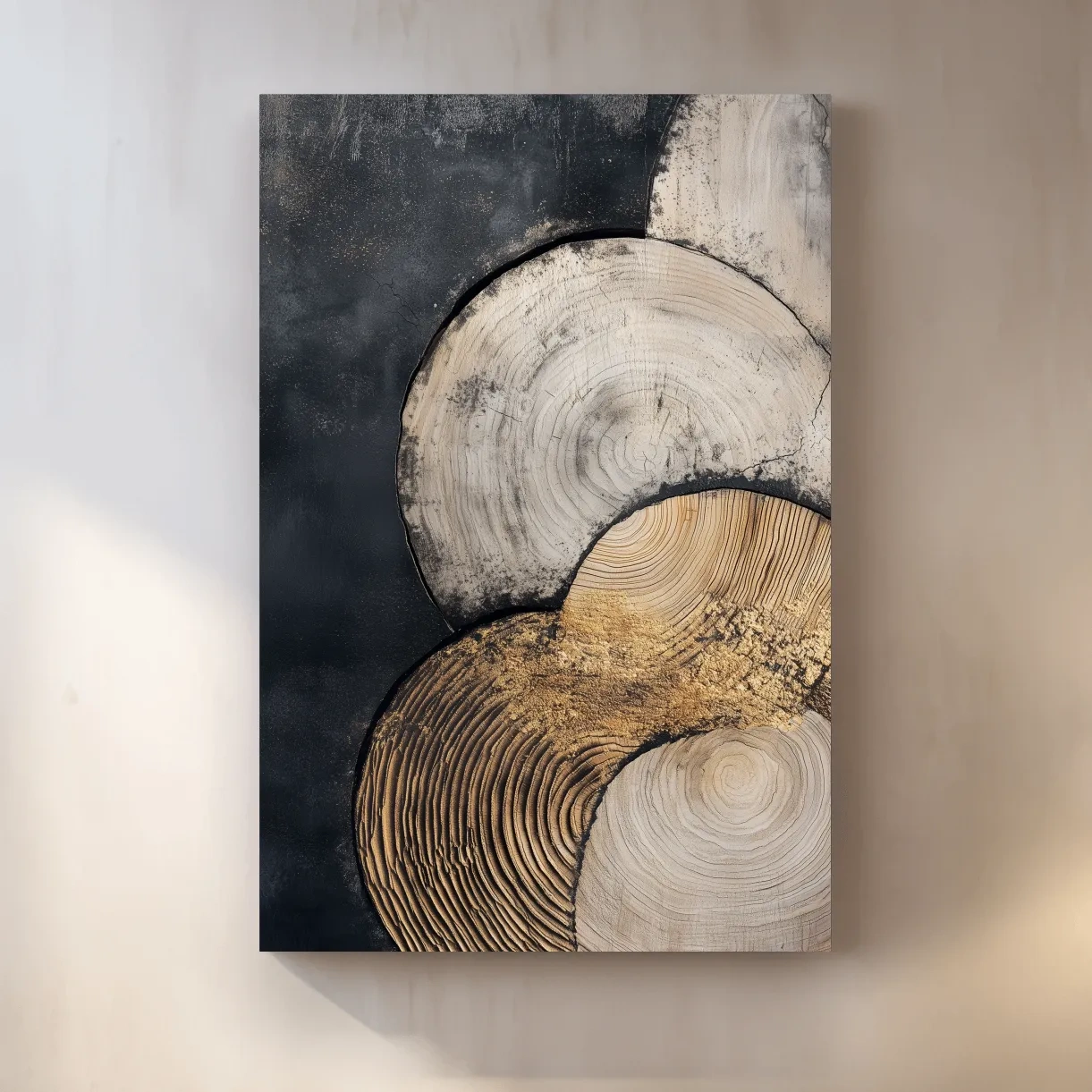 Boho tree ring pattern wall art, textured wood cross-section artwork