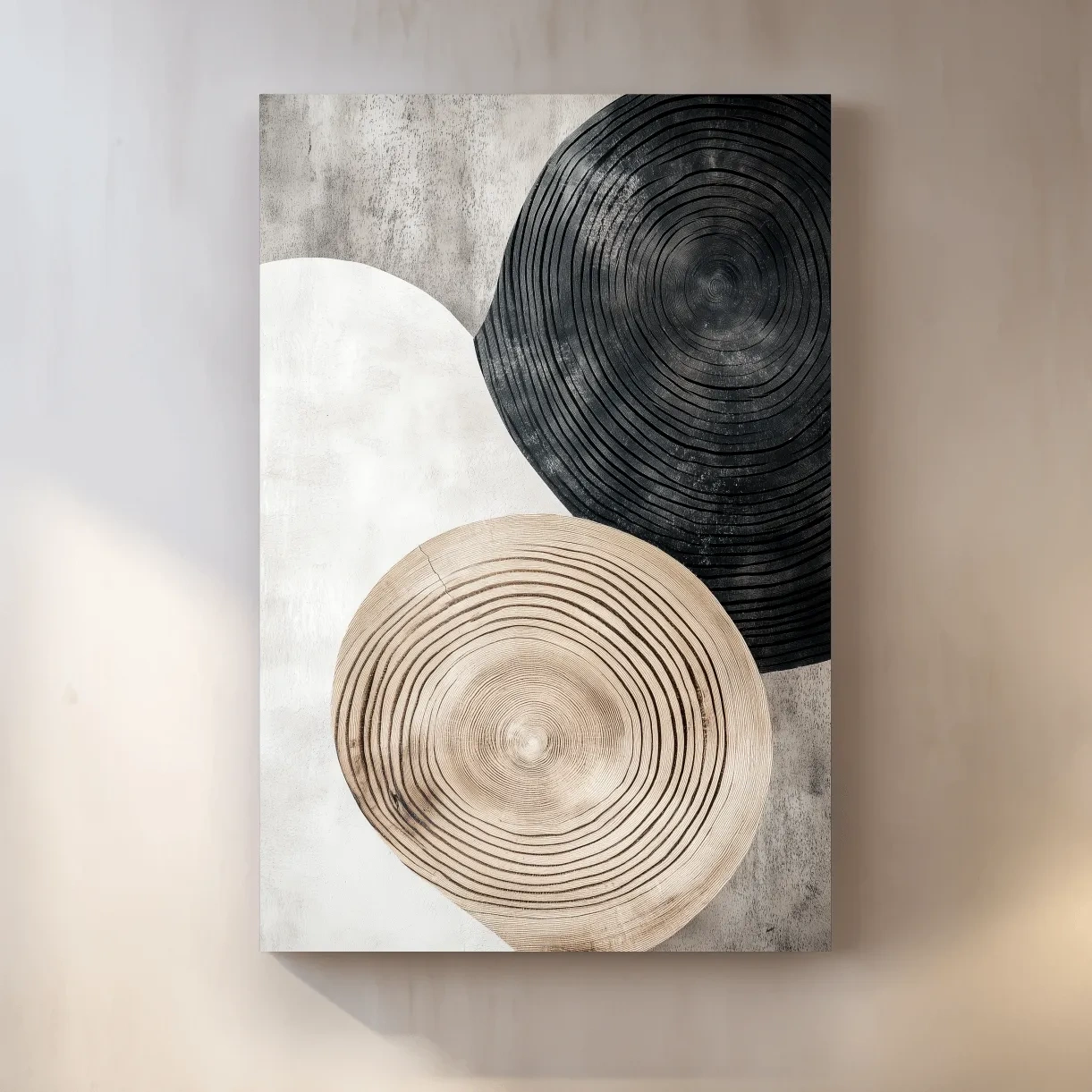 Minimalist Black Beige Wood Grain Circles - Modern Rustic Wall Art