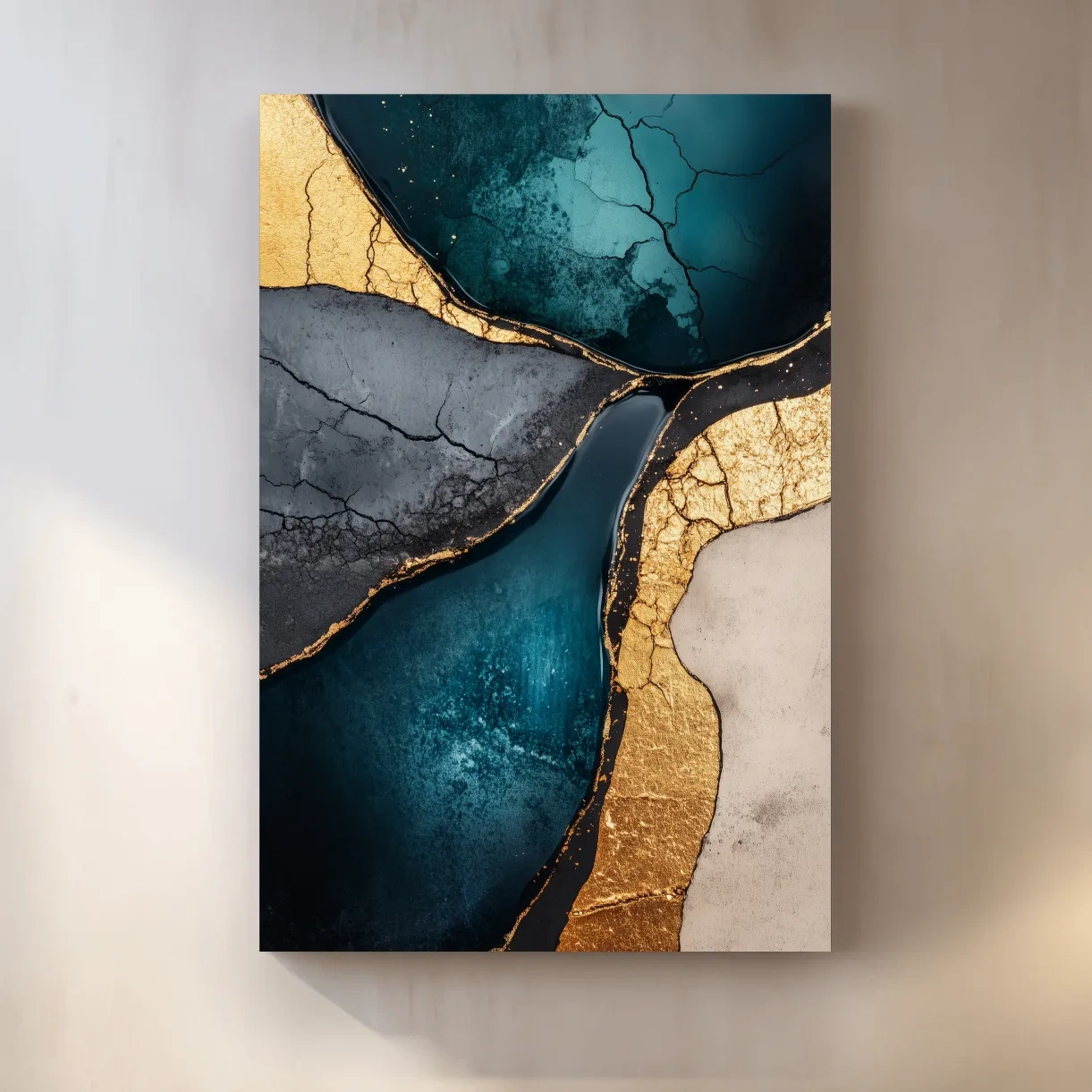 Elegant wall art, gold and teal cracked natural texture elements