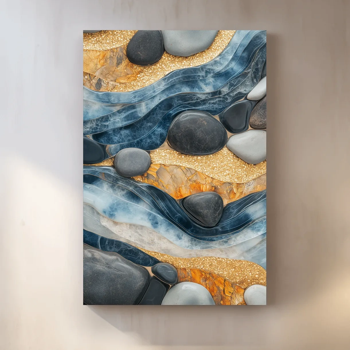 Natural stone and river rock wall artwork, abstract layered design
