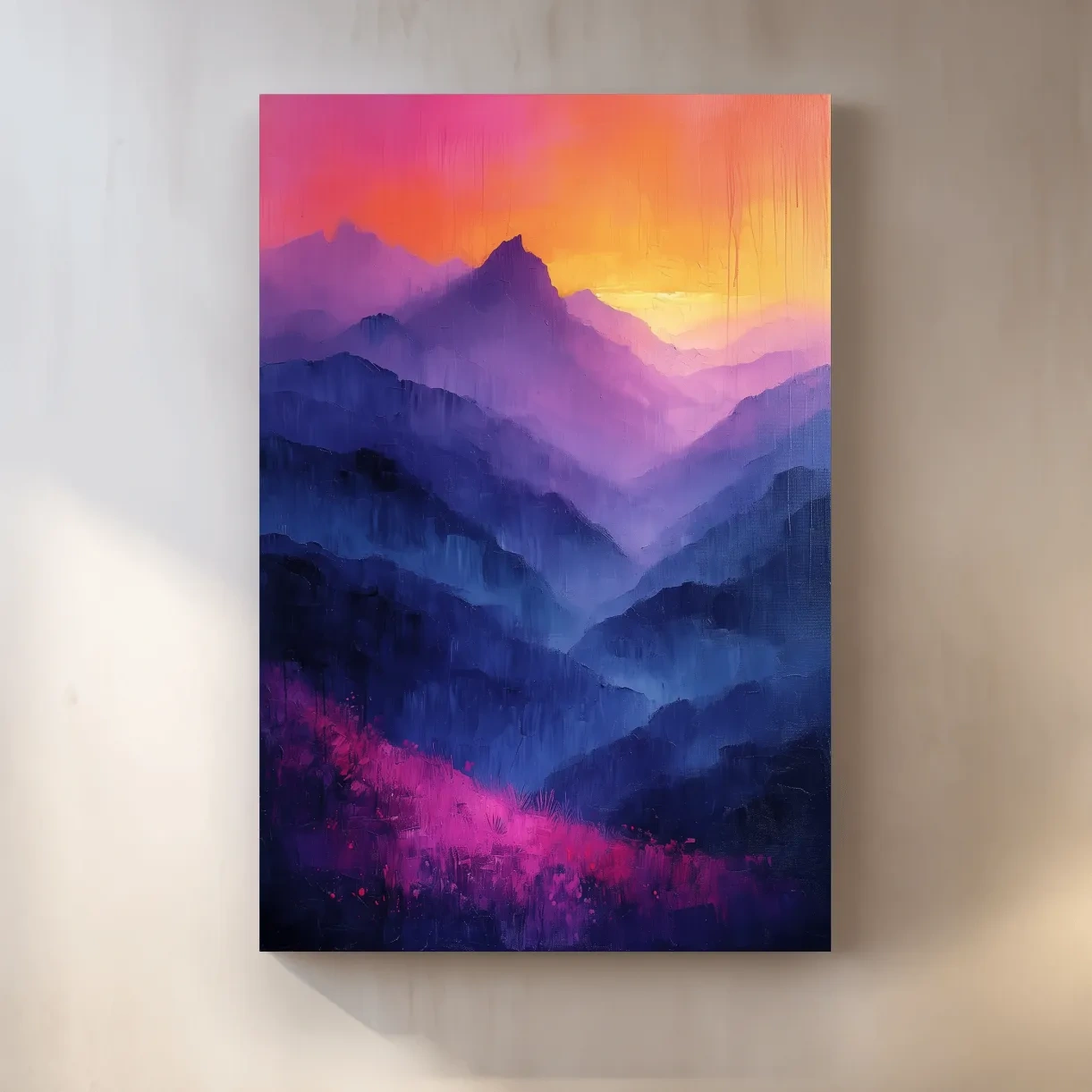 Colorful mountain sunset artwork, vibrant oil painting effect