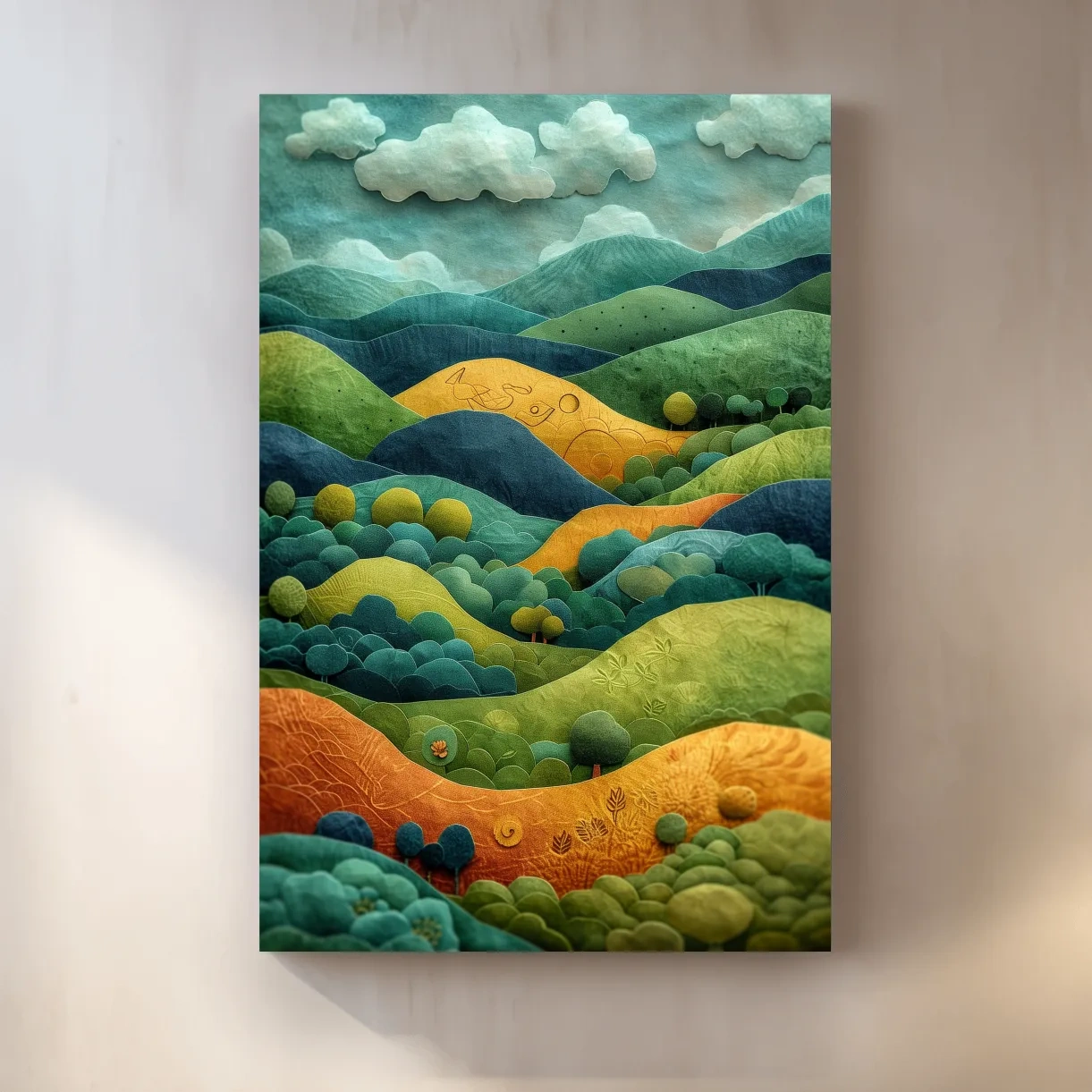 Abstract surreal mountain scene artwork, whimsical landscape in 3D layered style
