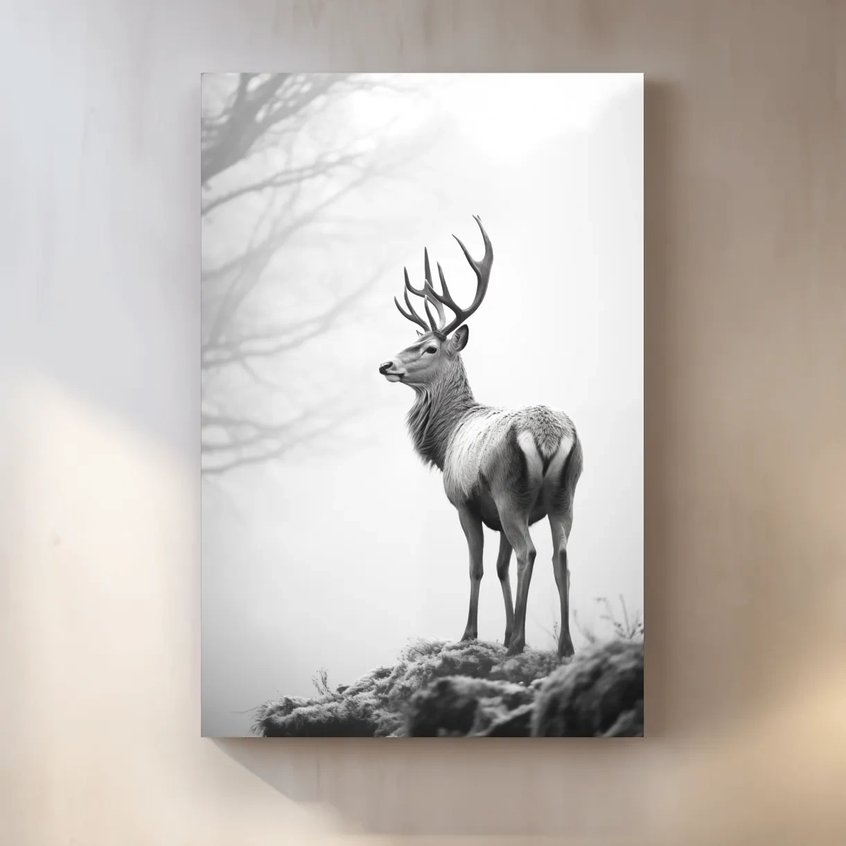 Black and white photograph of a majestic deer on a winter morning, serene wildlife artwork