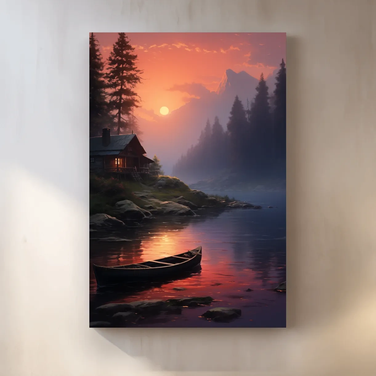 Beautiful painting of a cabin on a misty lake at sunset