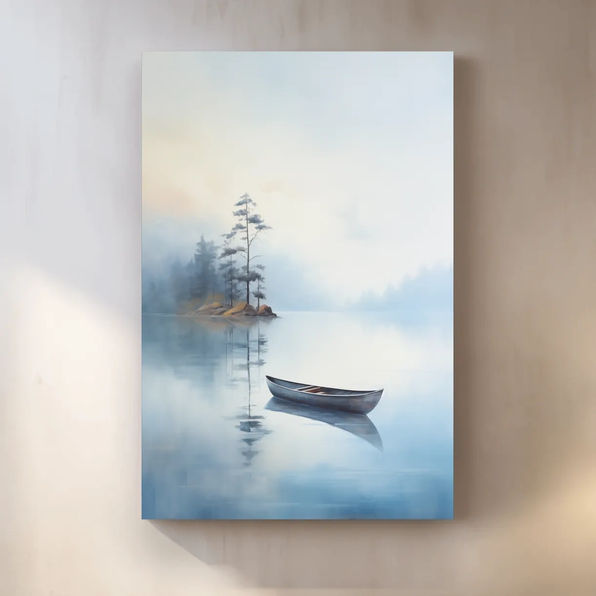Watercolor painting, canoe on a misty lake, serene wall artwork