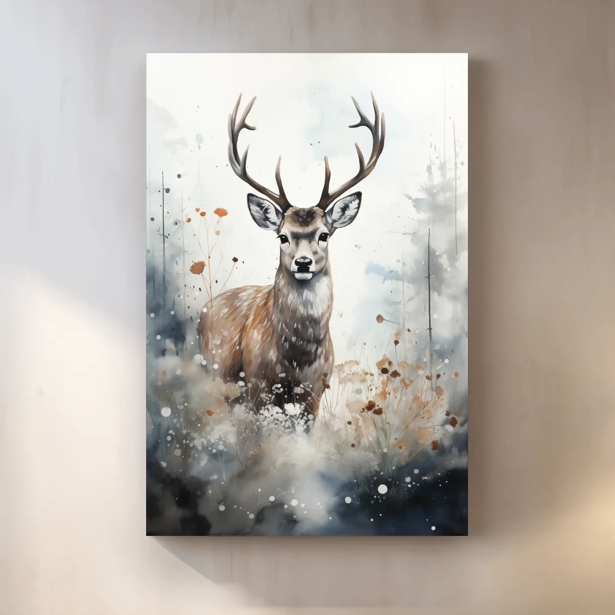 Rough textured watercolour painting of a deer buck standing in the forest