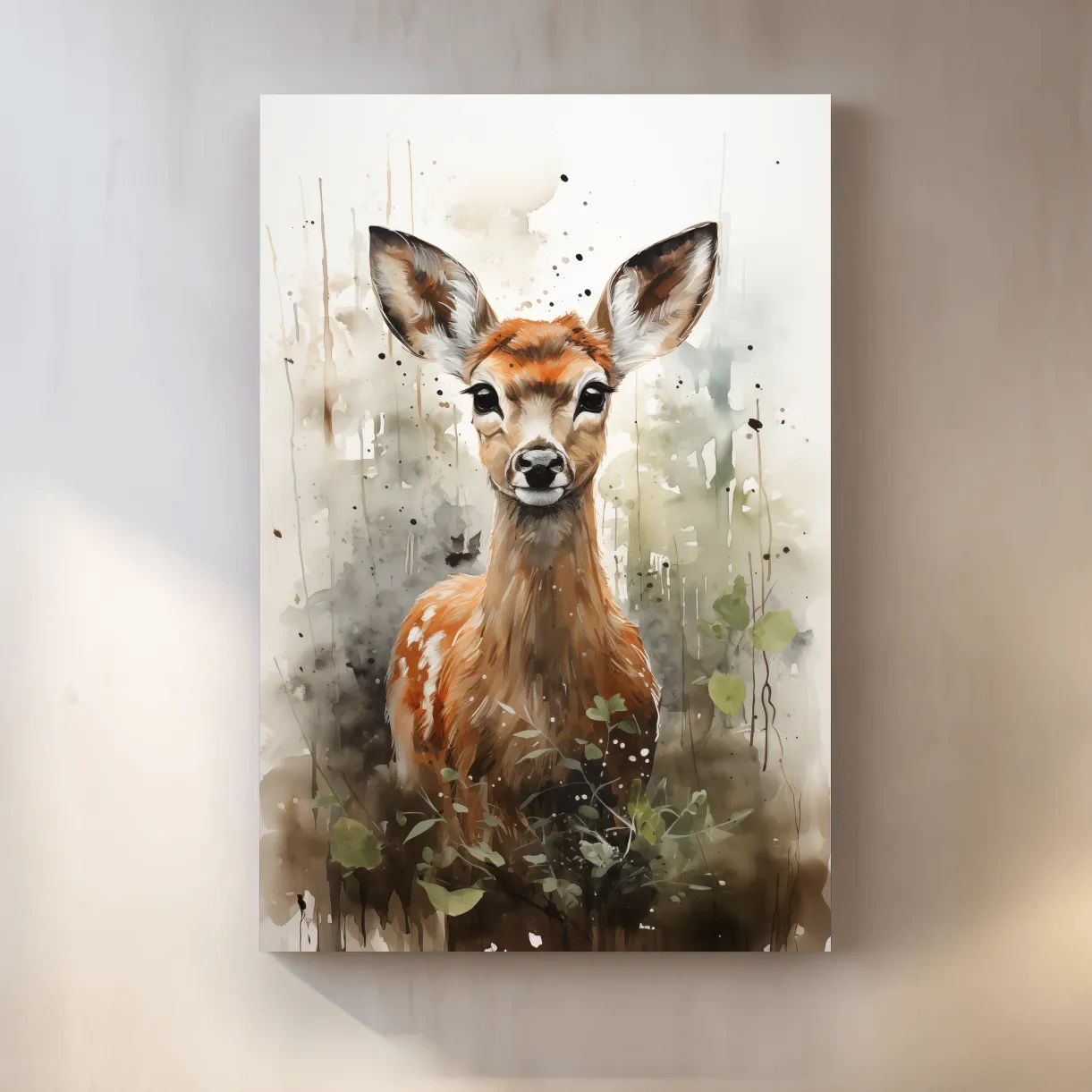 Watercolor fawn wall art, delicate forest setting artwork
