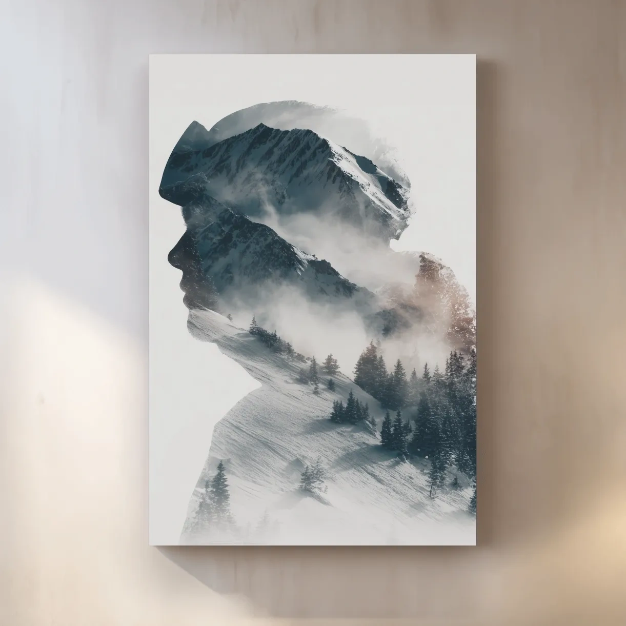 Mountain and skier double exposure wall artwork, blending snow-capped peaks and alpine trees