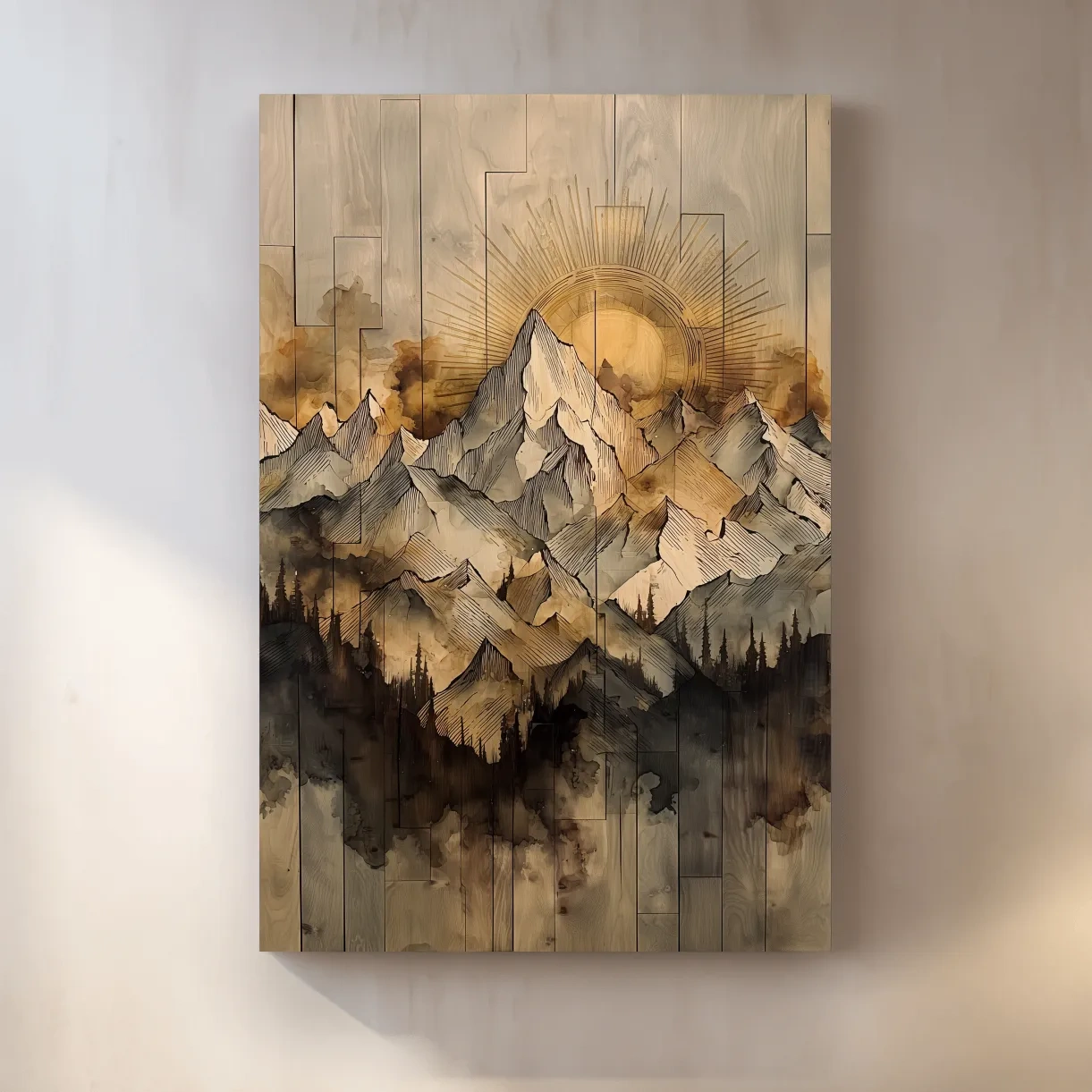 Rustic mountain peak artwork, sunlit layered wooden panel texture effect