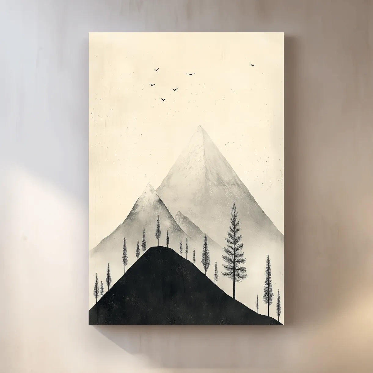 Minimalist Misty Mountain Peaks With Pine Trees - Monochrome Scandinavian Landscape Artwork