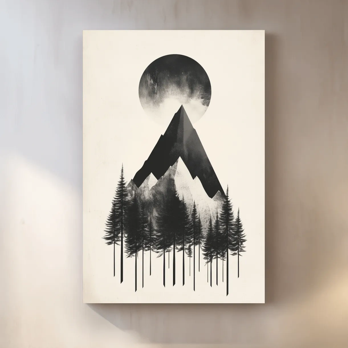 Mystical mountain and forest artwork, monochrome abstract wall art with large moon