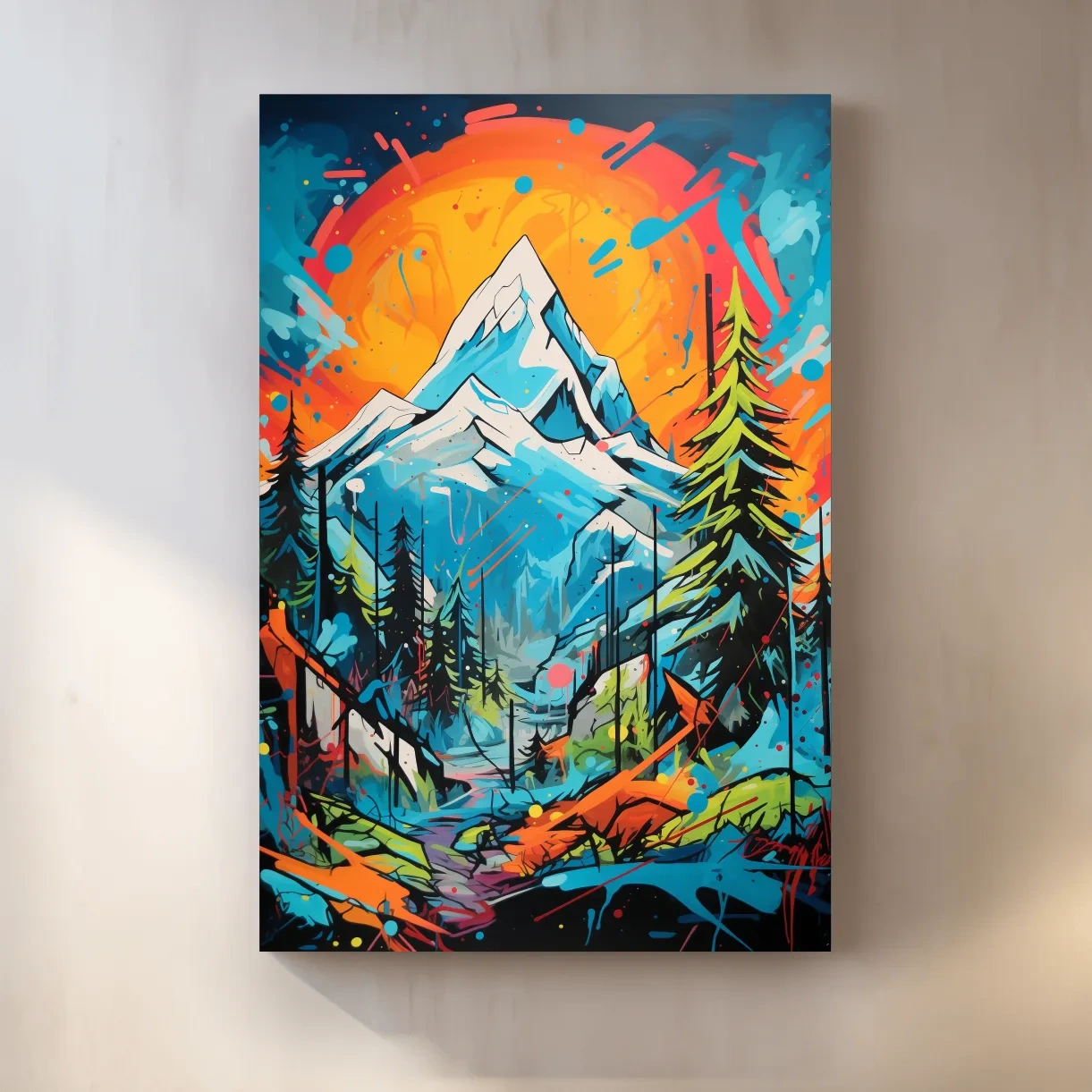 Vibrant Abstract Mountain Sunset Graffitti Painting - Colorful Pop Art Alpine Wall Art