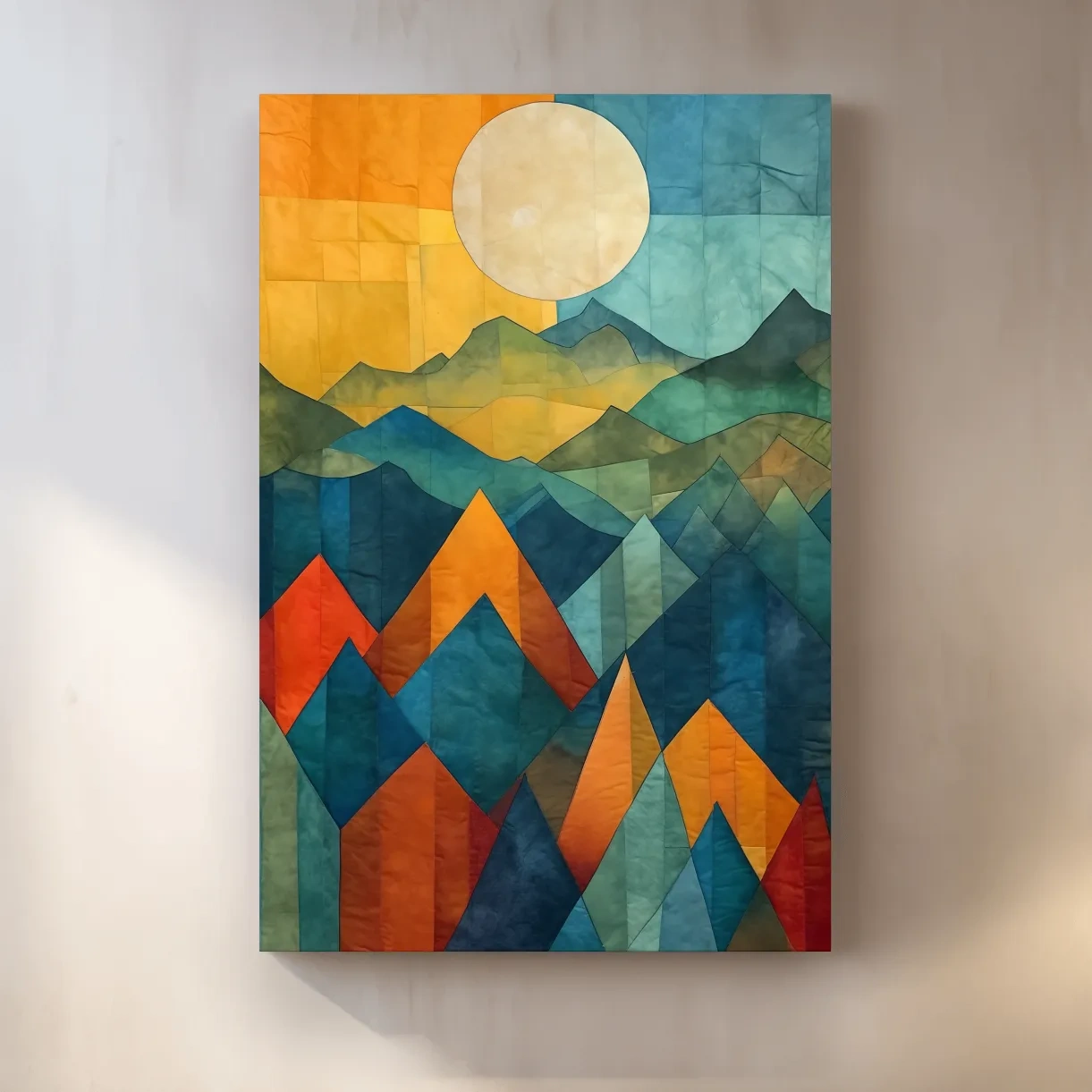Geometric Patchwork Sunlit Mountain Range Painting - Colorful Abstract Alpine Wall Art