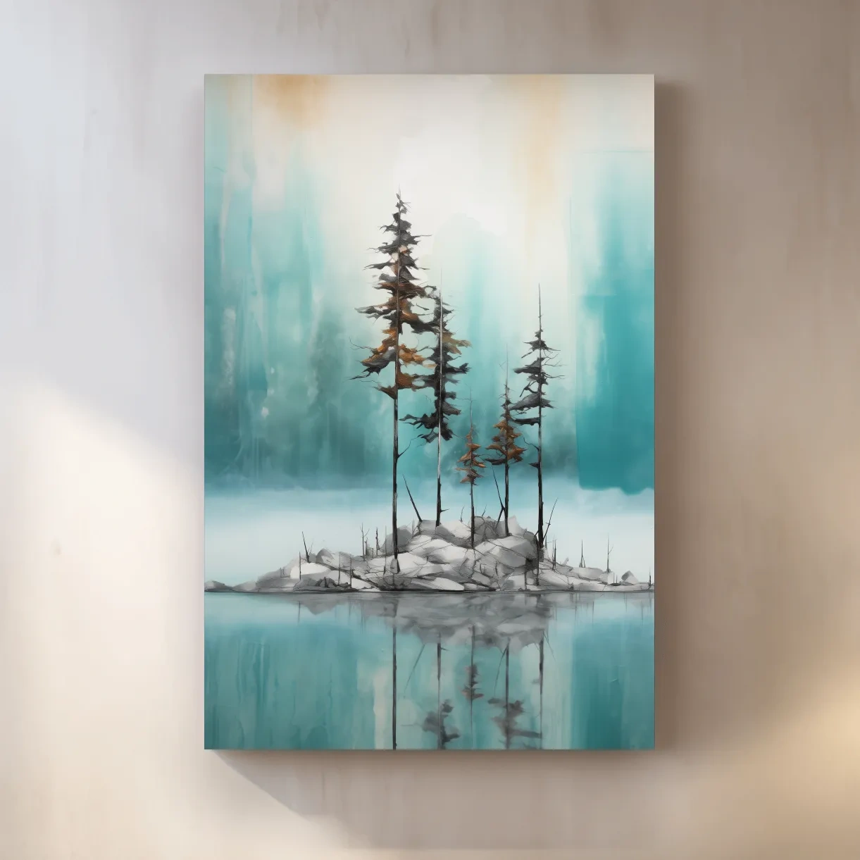 Misty Pine Trees Reflection - Watercolor Turquoise Alpine Lake Wall Art