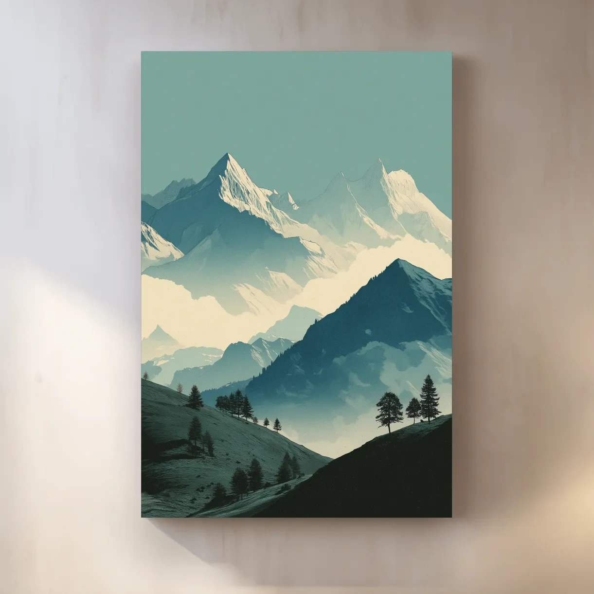 Misty Alpine Mountain Peaks Illustration - Serene Landscape Wall Art