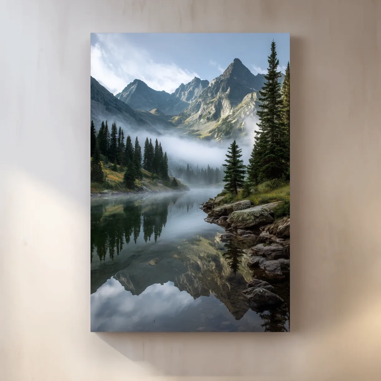 Misty Alpine Lake Photography - Serene Mountain Forest Wall Art