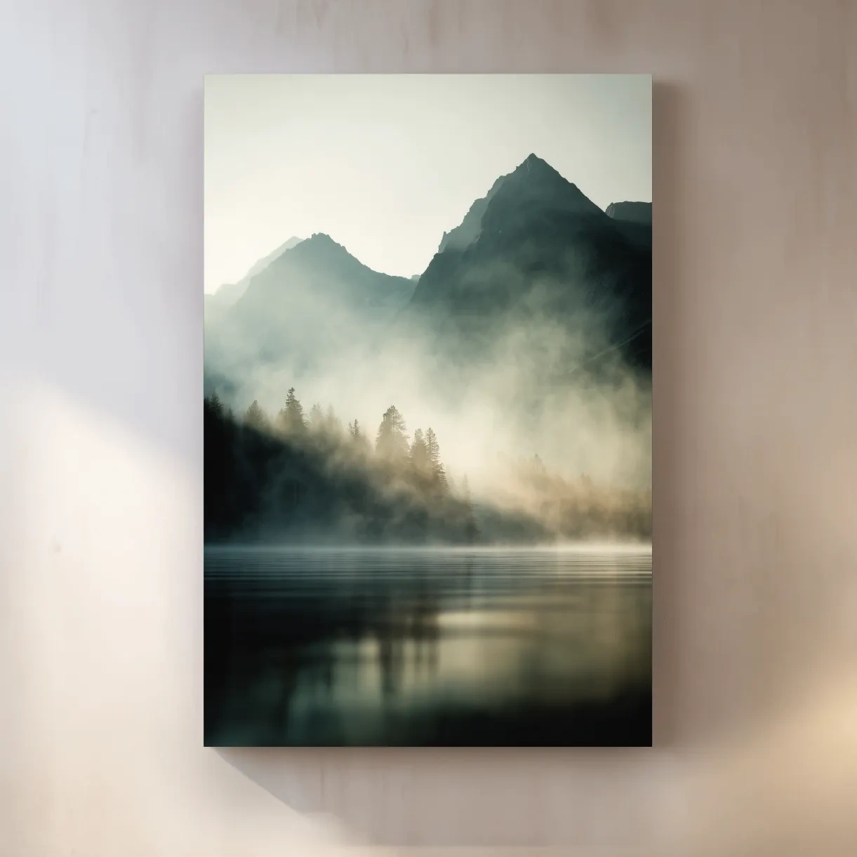 Moody Misty Mountain Lake Landscape - Serene Foggy Pine Forest Wall Art