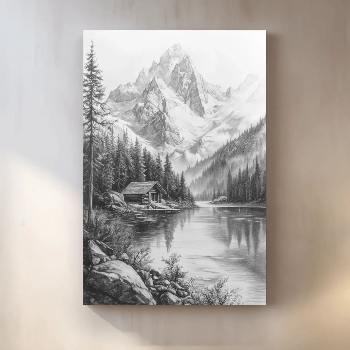 Monochrome Alpine Lake Cabin Sketch Art - Mountain Drawing Wall Art