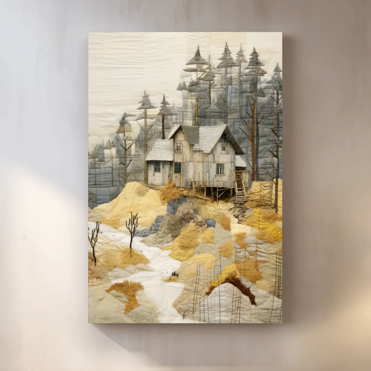 Rustic Woodland Cabin Landscape Quilt Art - Patchwork Style Mixed Media Wall Art