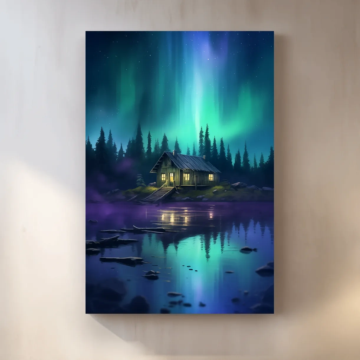Vibrant Northern Lights Cabin Lake Painting - Aurora Borealis Night Wall Art