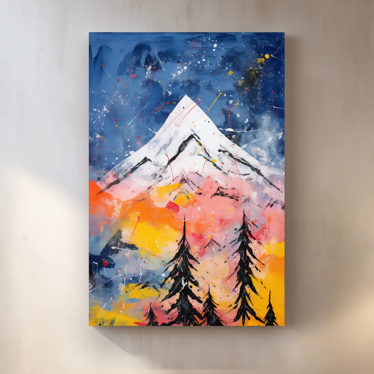 Vibrant Abstract Mountain Peak Sunset Painting - Colorful Acrylic Splash Forest Wall Art