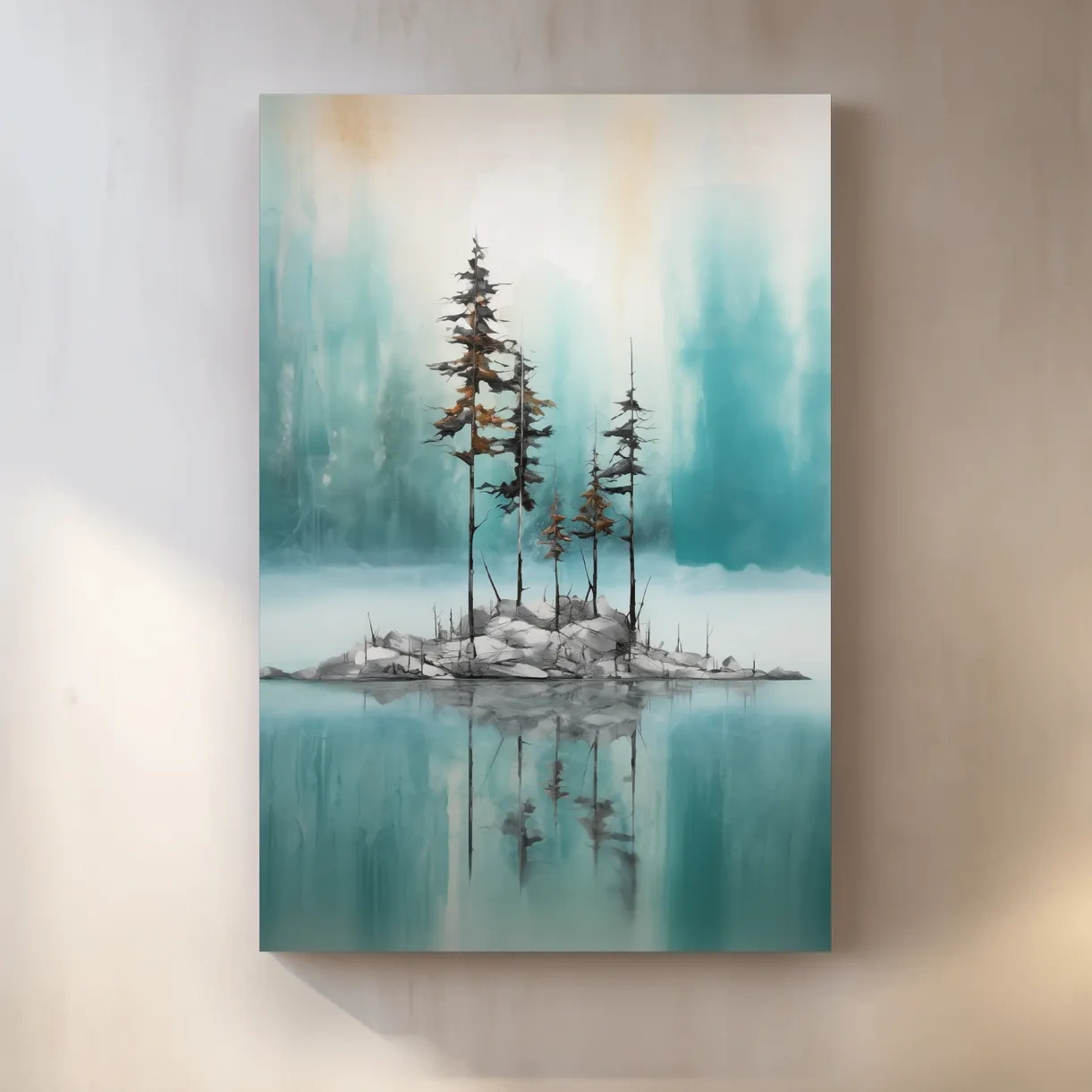 Misty Pine Trees Reflection - Watercolor Turquoise Alpine Lake Wall Art
