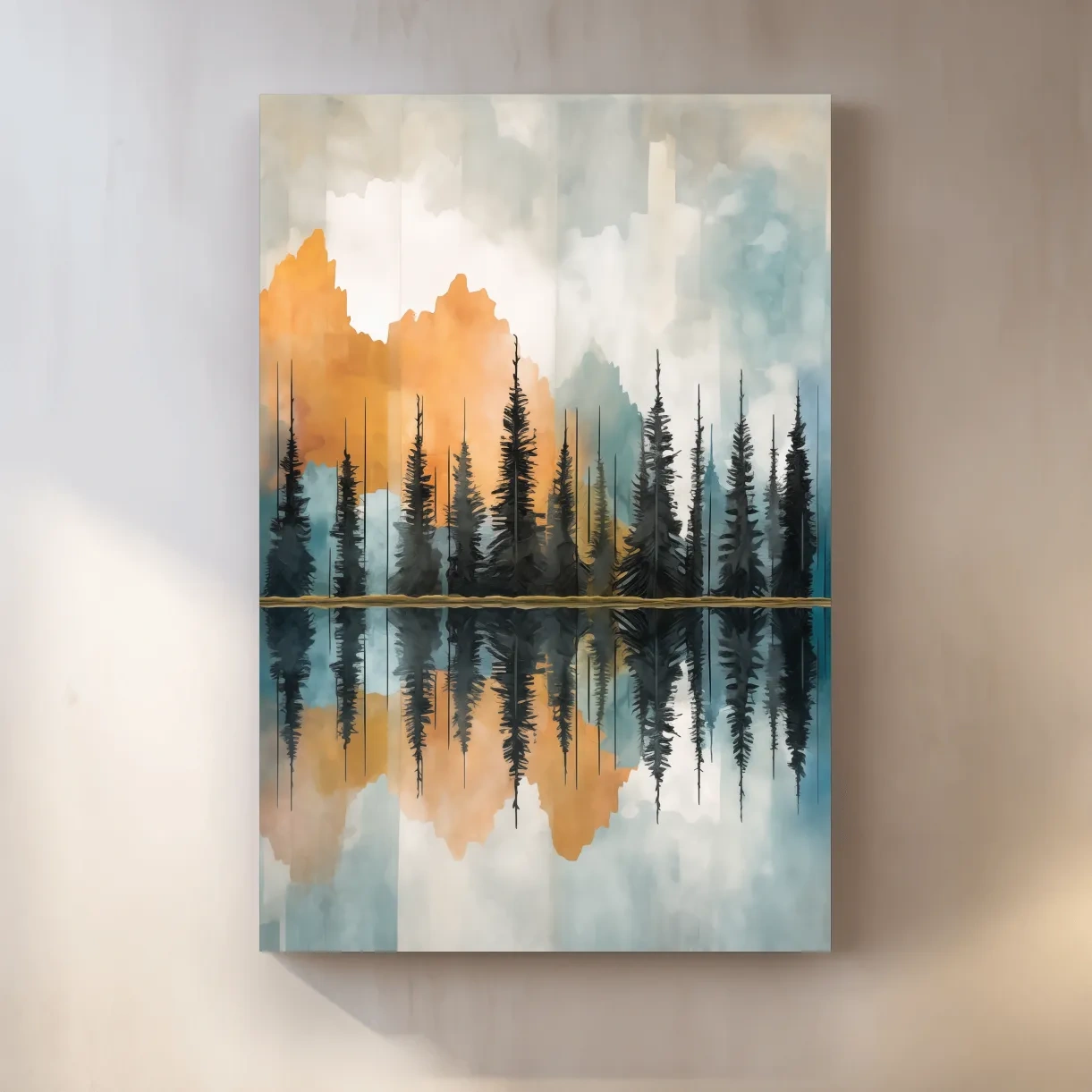 Abstract Watercolor Mountain Lake Reflection - Alpine Forest Landscape Artwork
