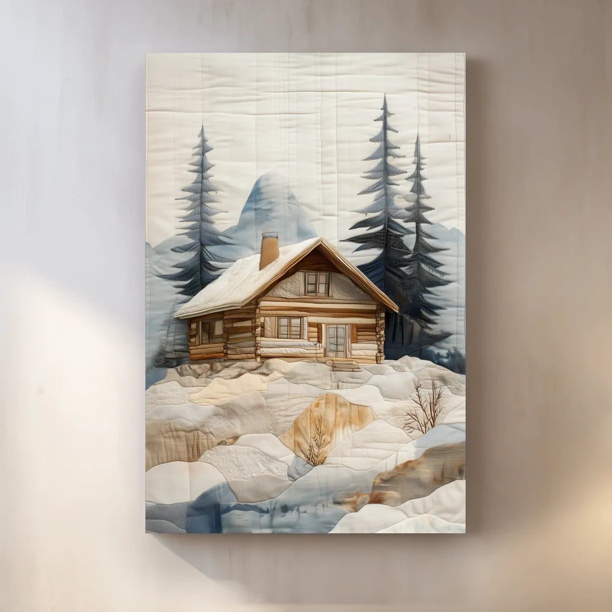 Rustic Winter Cabin In Snowy Pines - Textured Patchwork Fabric Effect Wall Art