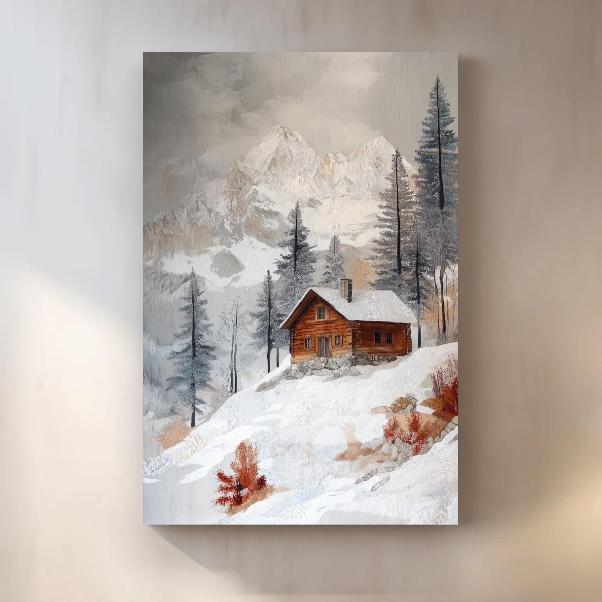 Snowy Mountain Cabin Landscape Painting - Rustic Winter Wilderness Wall Art