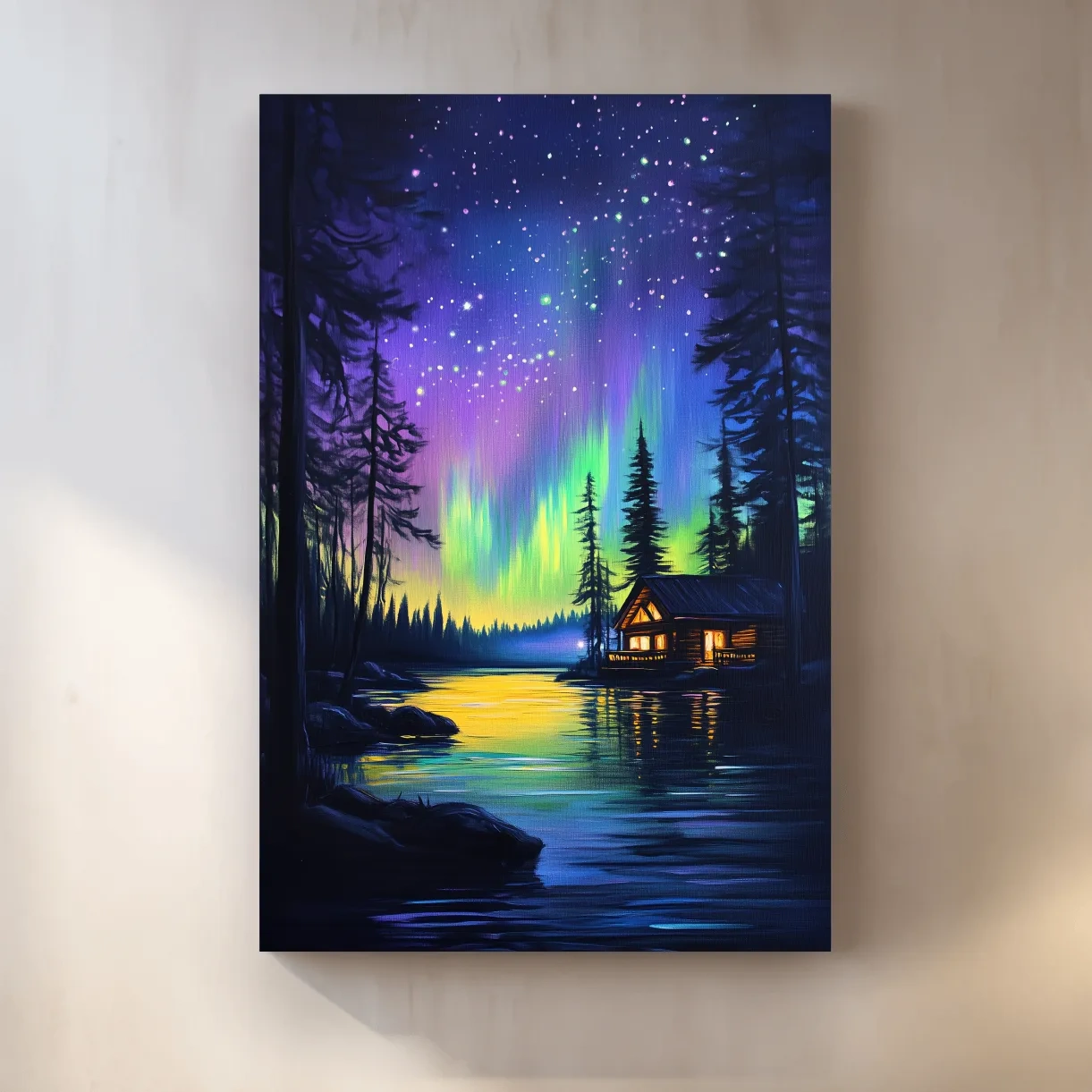 Vibrant Northern Lights Lakeside Cabin Painting - Aurora Borealis Night Landscape Wall Art