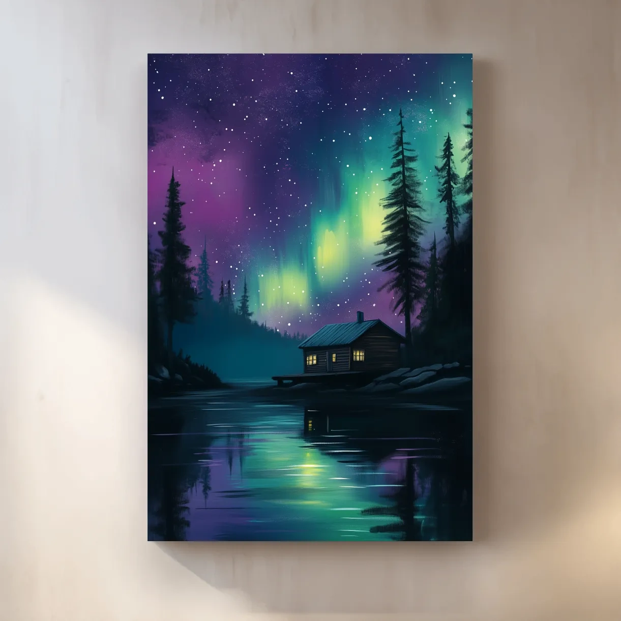 Aurora Borealis Lake Cabin Painting - Northern Lights Wall Art