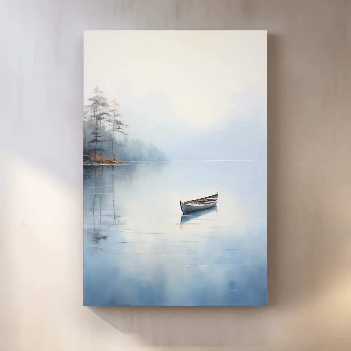 Misty Lake Canoe Reflection Painting - Serene Minimalist Waterscape Wall Art