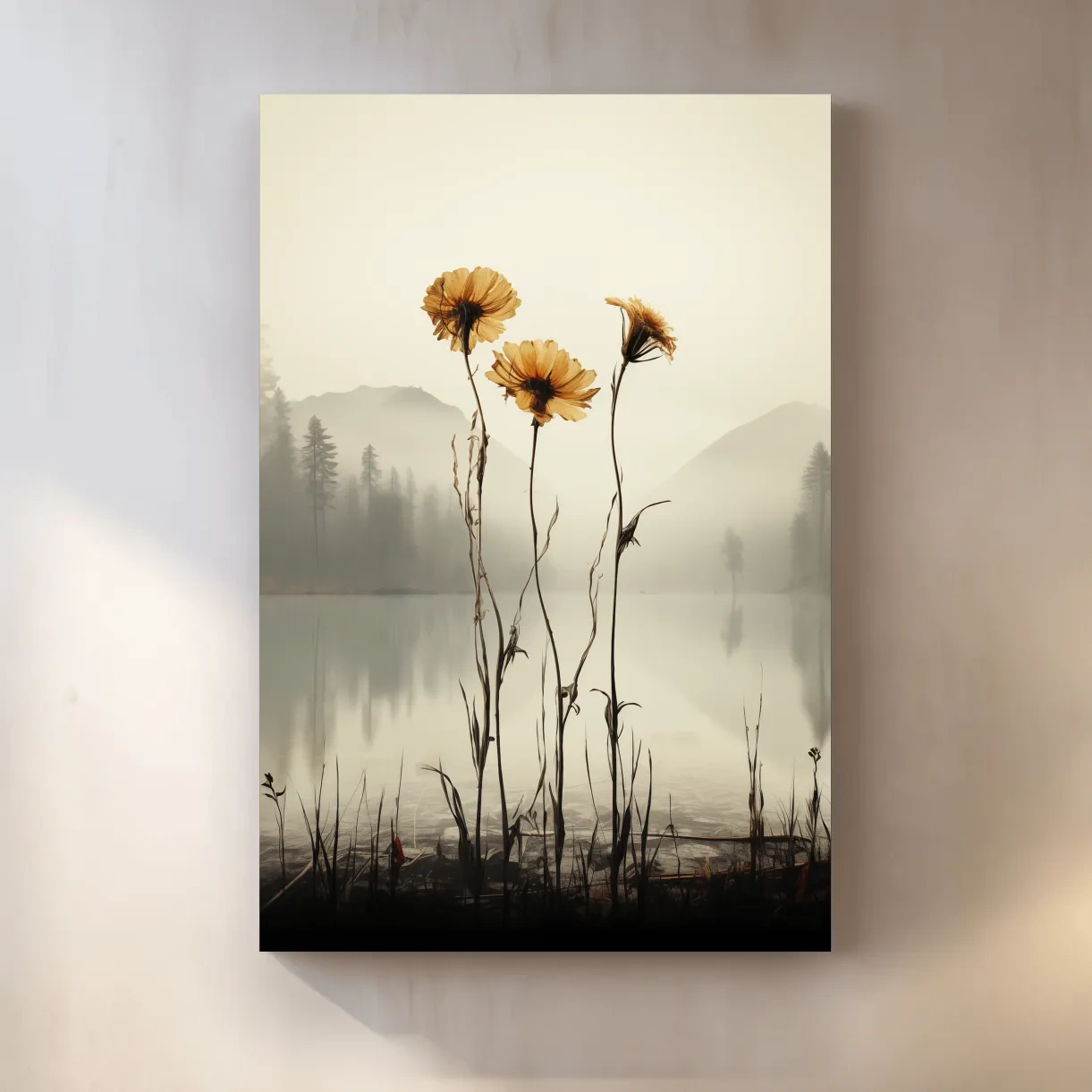Wildflower Misty Lake Landscape - Minimalist Botanical Wall Art