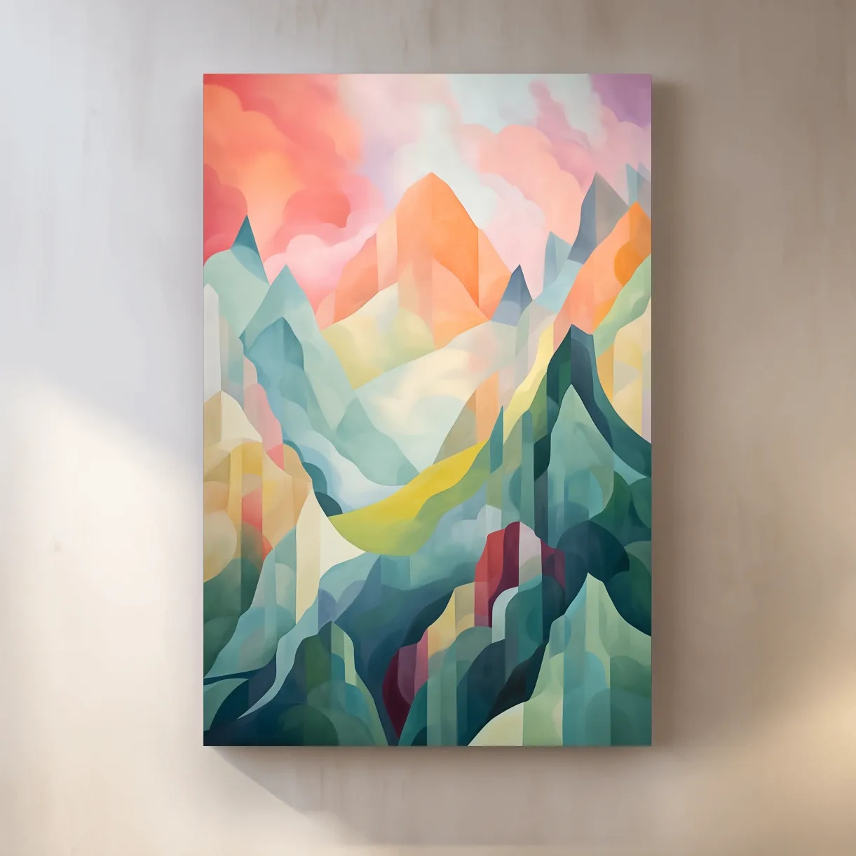 Vibrant Abstract Pastel Mountain Sunset - Geometric Watercolor Style Wall Art