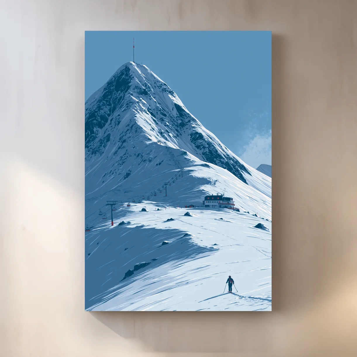 Alpine Mountain Skier Artwork - Minimalist Winter Landscape Wall Art