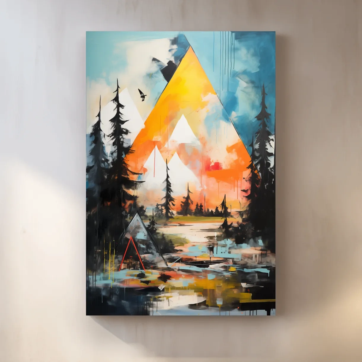 Vibrant Abstract Mountain Painting - Modern Geometric Alpine Forest Wall Art