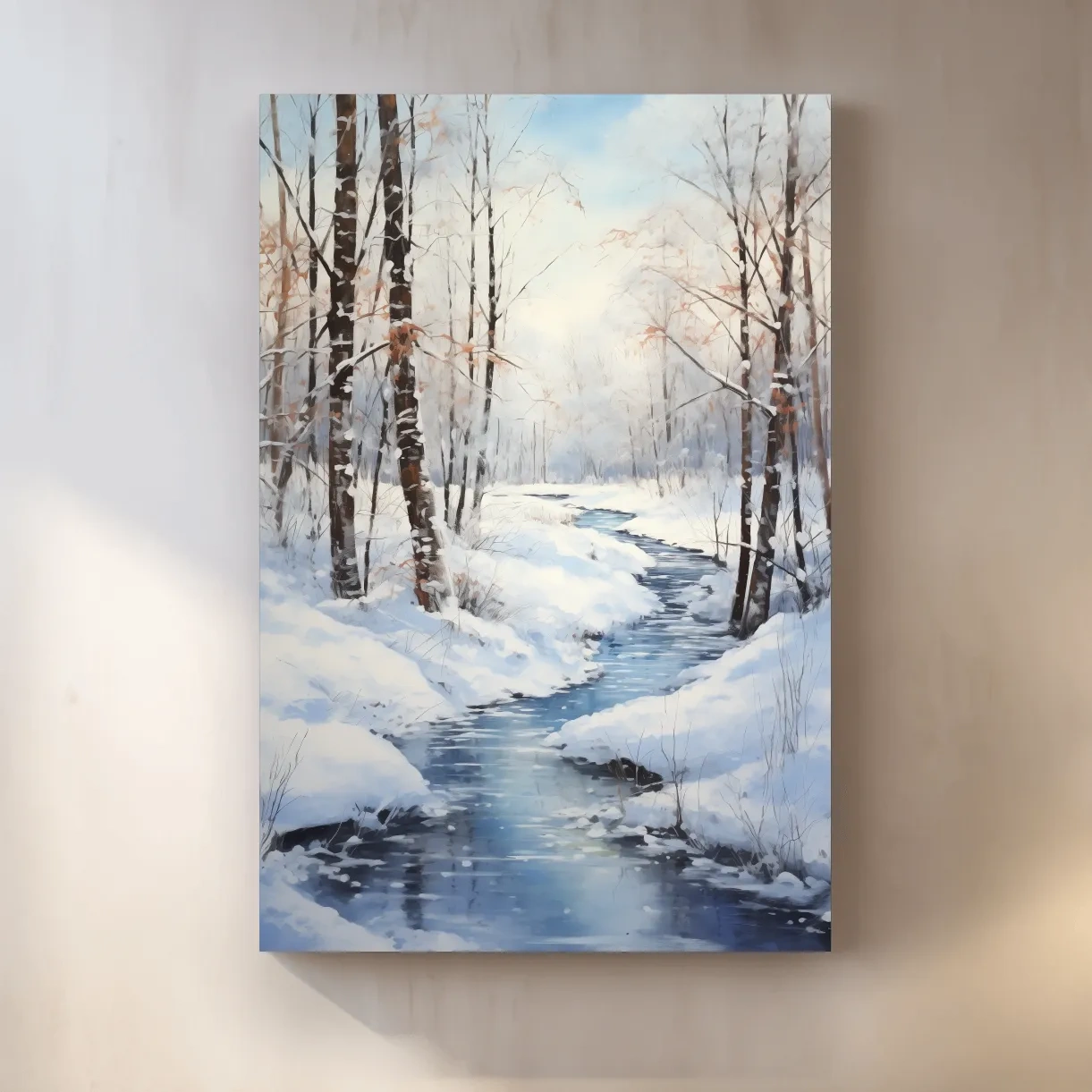 Serene Winter River Forest Painting - Snowy Woodland Wall Art