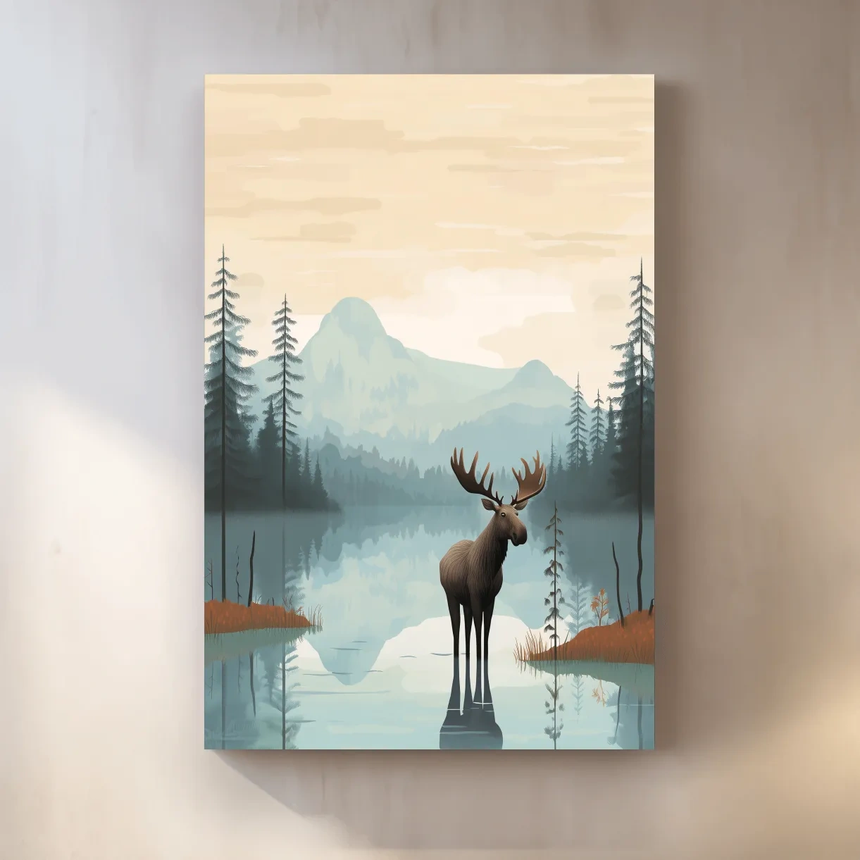 Moose Mountain Lake Illustration - Nursery Forest Mountain Wall Art