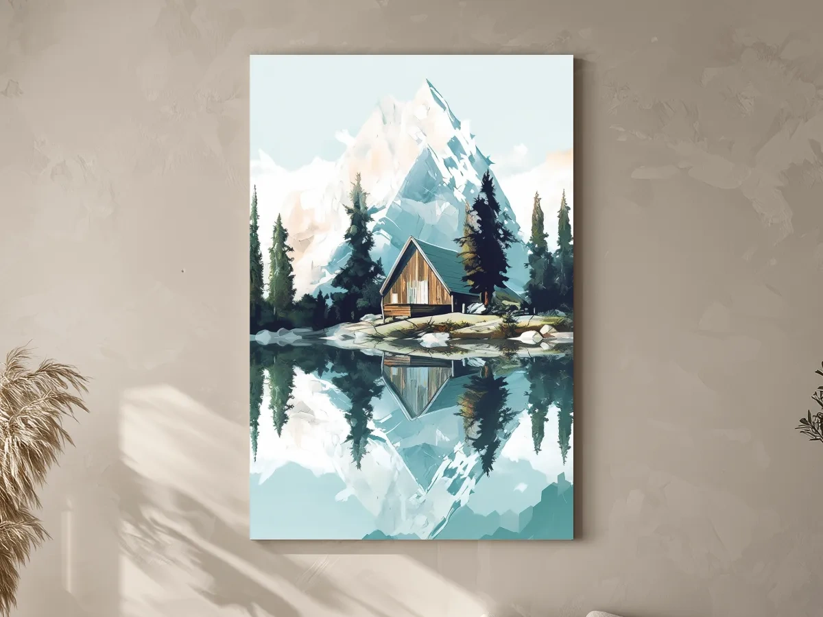 Serene Alpine Cabin Lake Painting - Mountain Landscape Wall Art