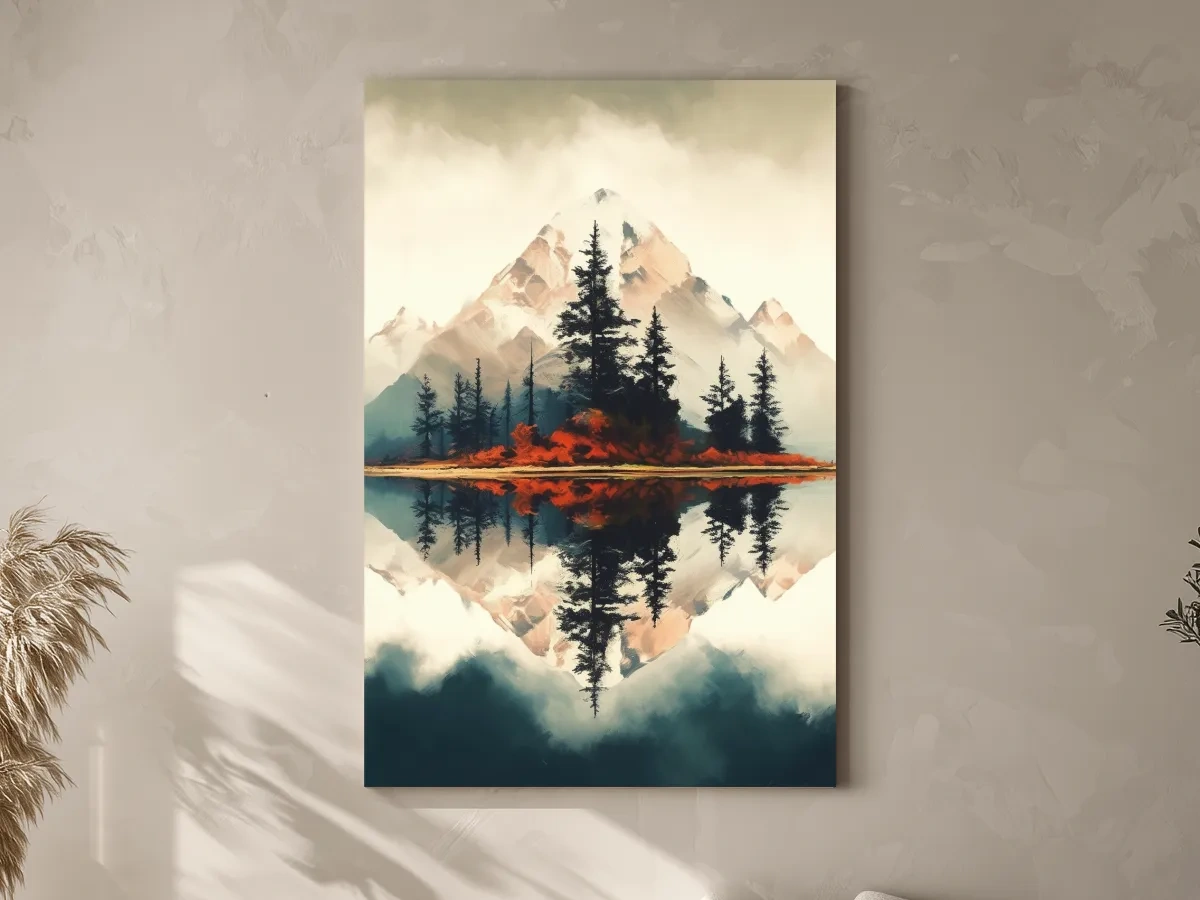 Minimal Mountain Lake Reflection With Pine Forest - Watercolor Landscape Wall Art
