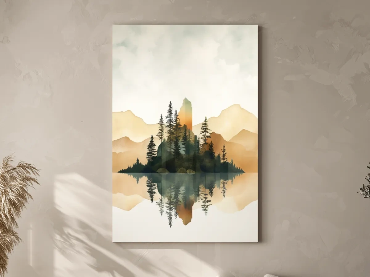 Alpine Mountain Lake Reflection Watercolor - Serene Pine Forest Wall Art