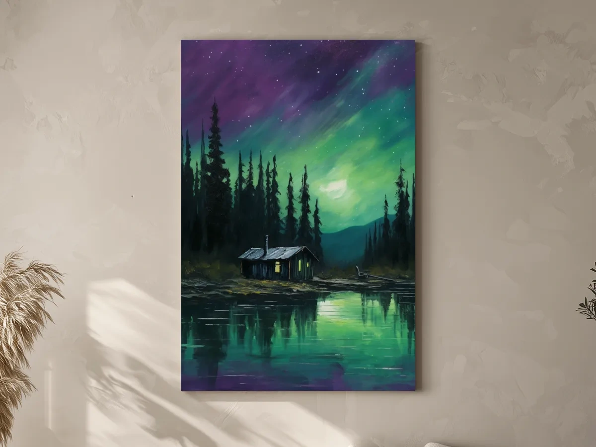 Painting of cabin by a lake under the northern lights night sky