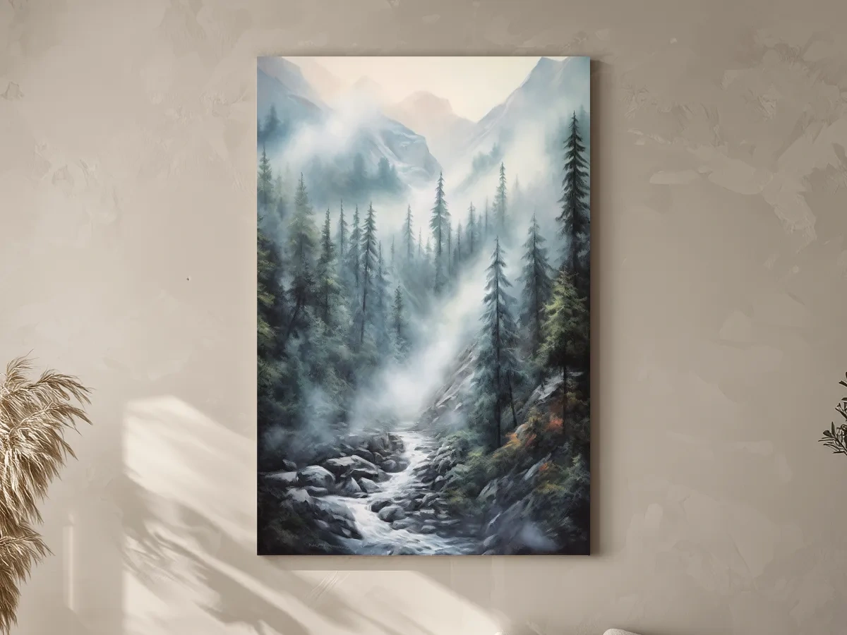 Misty Alpine Pine Forest River Painting - Moody Mountain Landscape Wall Art