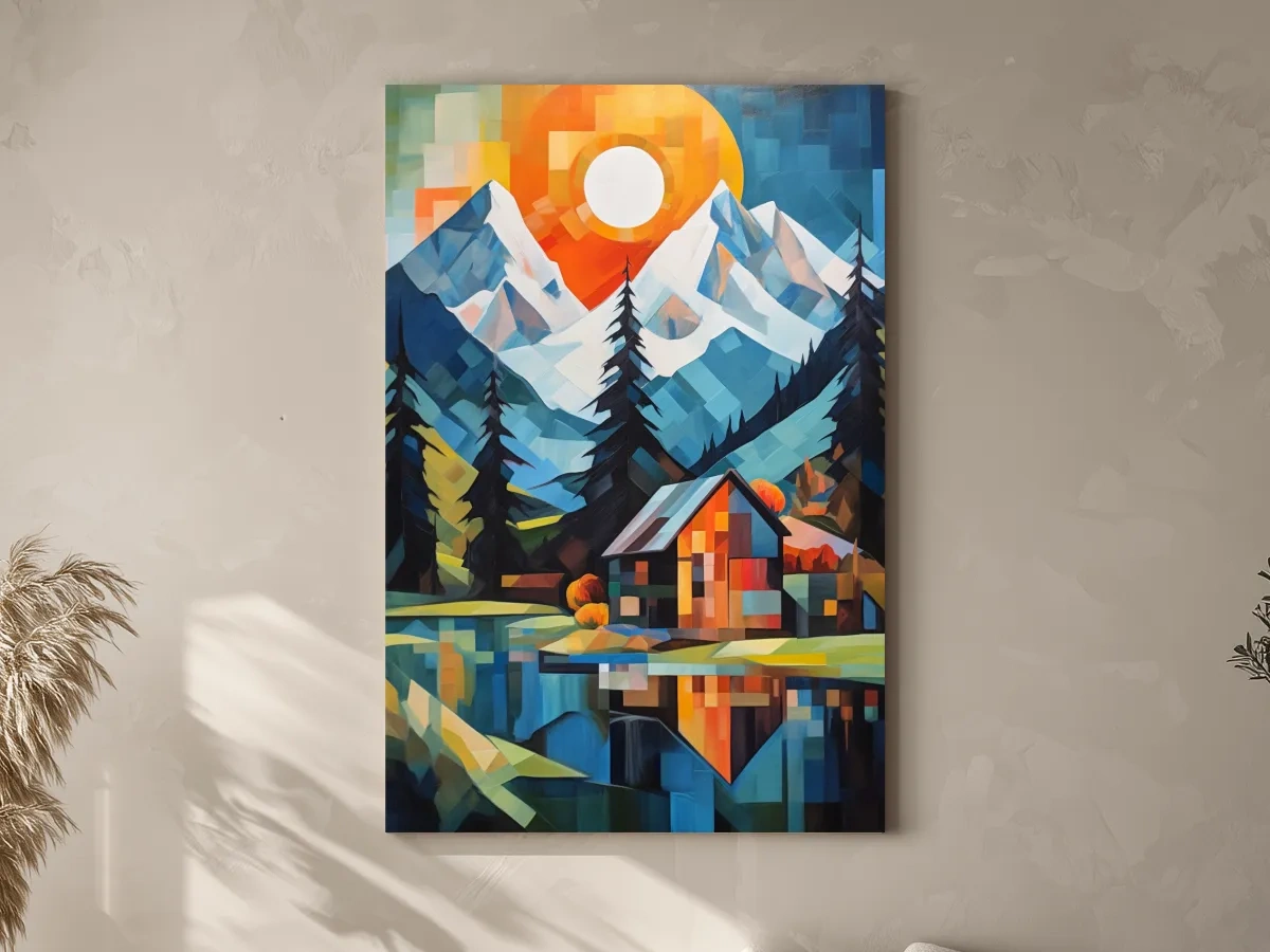 Geometric Alpine Cabin Lake Sunset - Vibrant Impressionist Mountain Wall Art