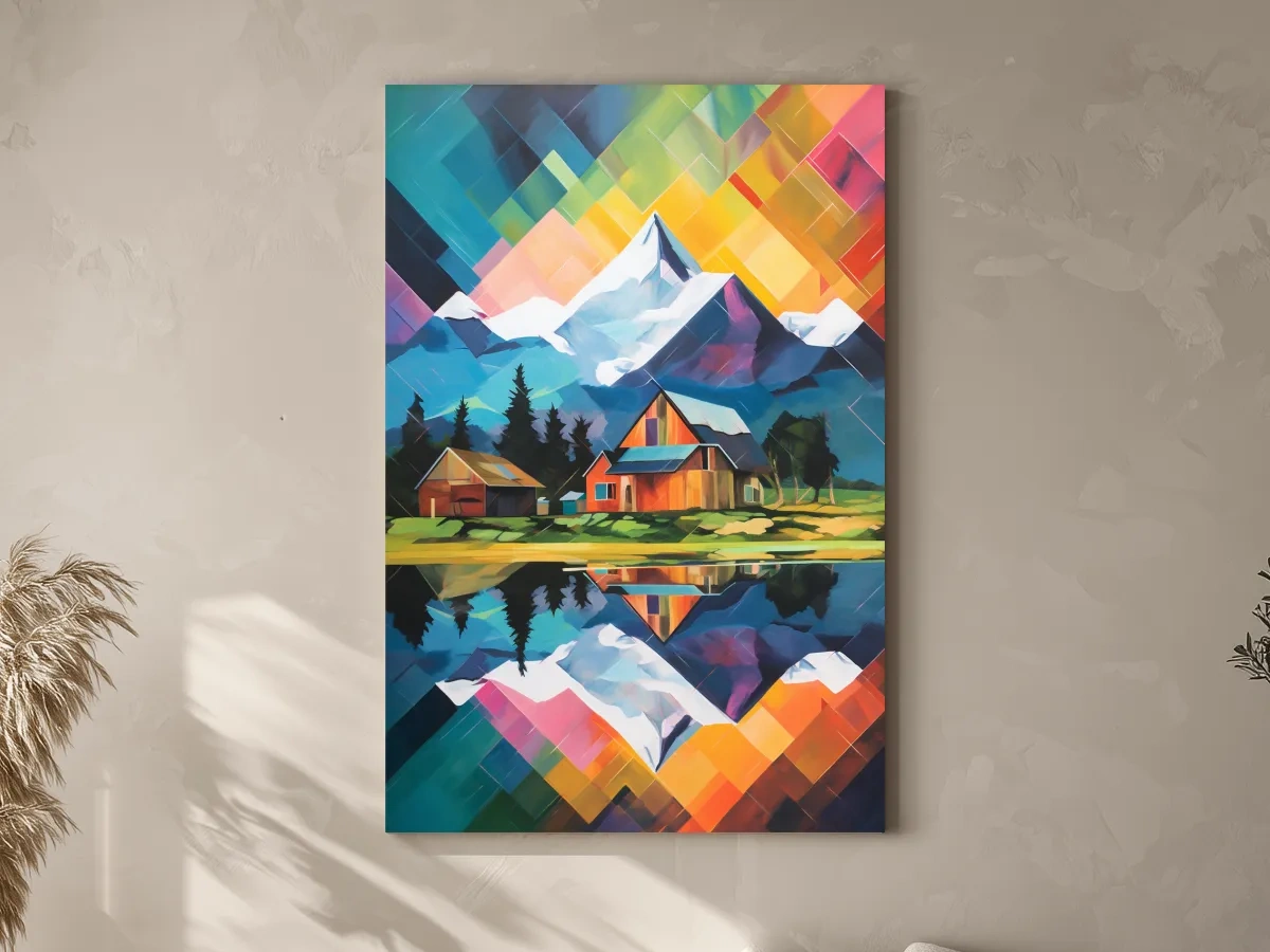 Vibrant Geometric Mountain Cabin Painting - Colorful Abstract Alpine Wall Art